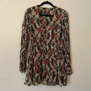 Free People Gray White Multicolor Floral Flowy V-neck Mini Dress Fairy Medium